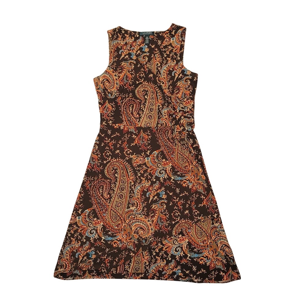 Lauren Ralph Lauren Women‎ Brown Paisley Moc Wrap Jersey Casual Dress Size Small